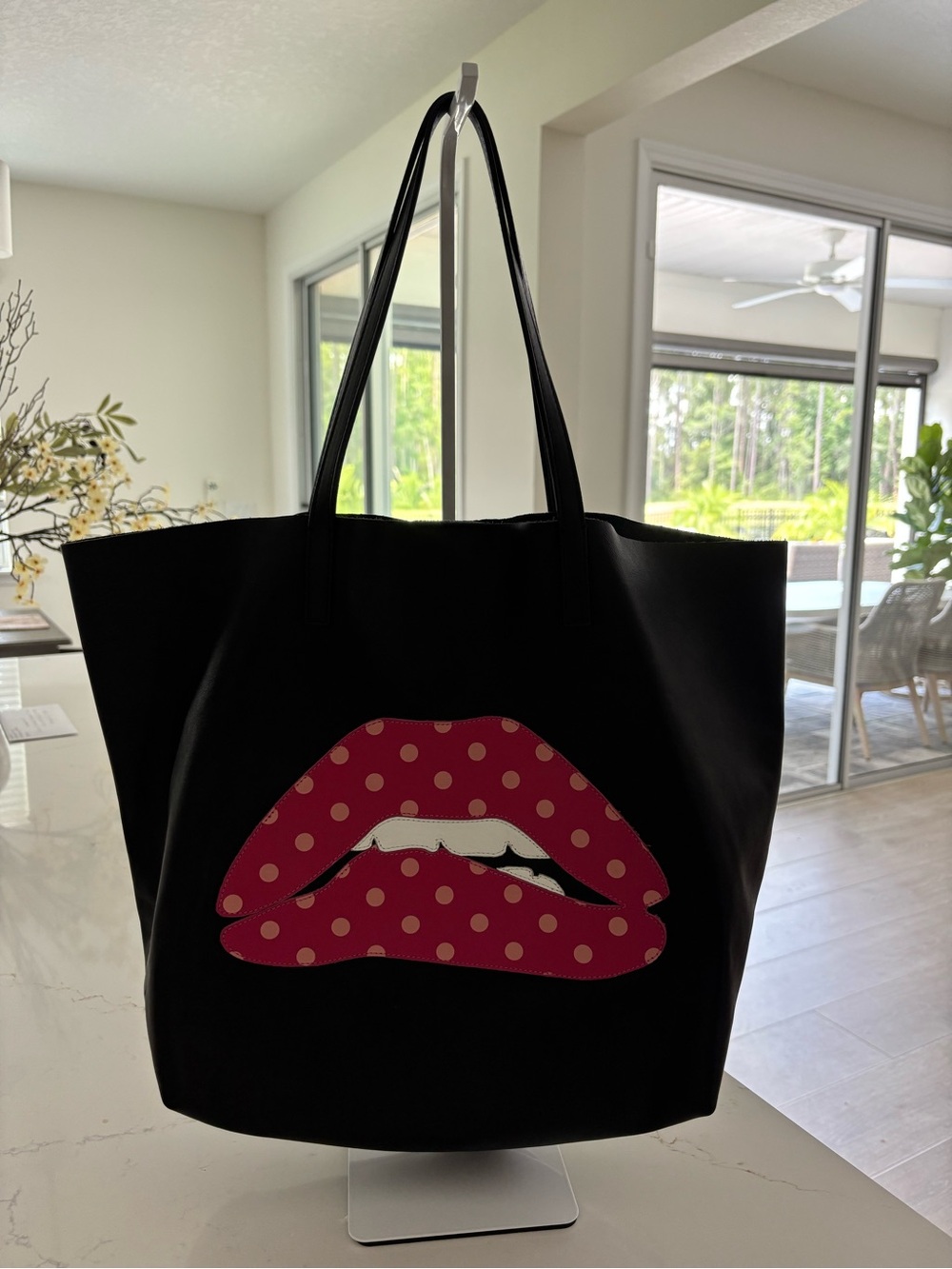 Red Valentino Black Tote Bag with Red Polka Dot Lips Graphic